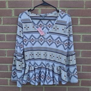 Simply Southern Geometric V-Neck Blouse - Gray and Brown